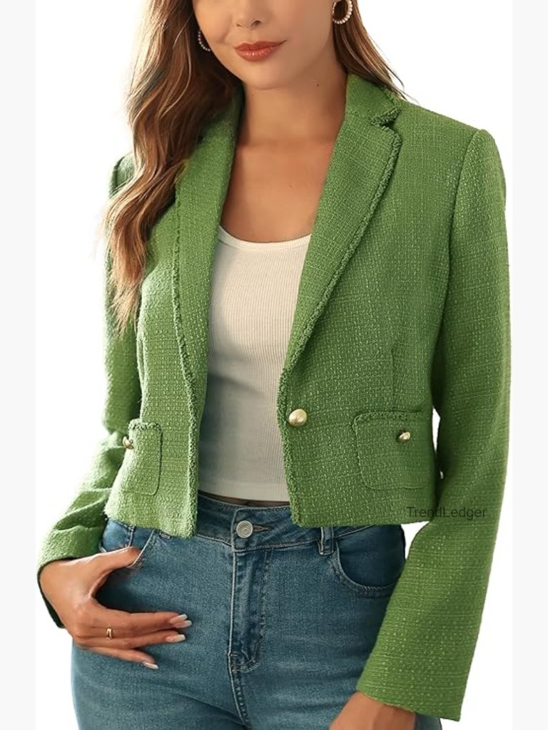 Women's Cropped Tweed Blazer With Pockets Long Sleeve Open Front Notch Lapel